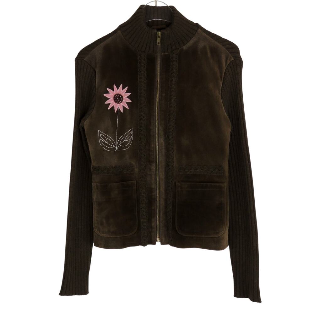 Paraphrase Y2K Brown Suede Jacket Pink Embroidered Flower Vintage Jacket Small